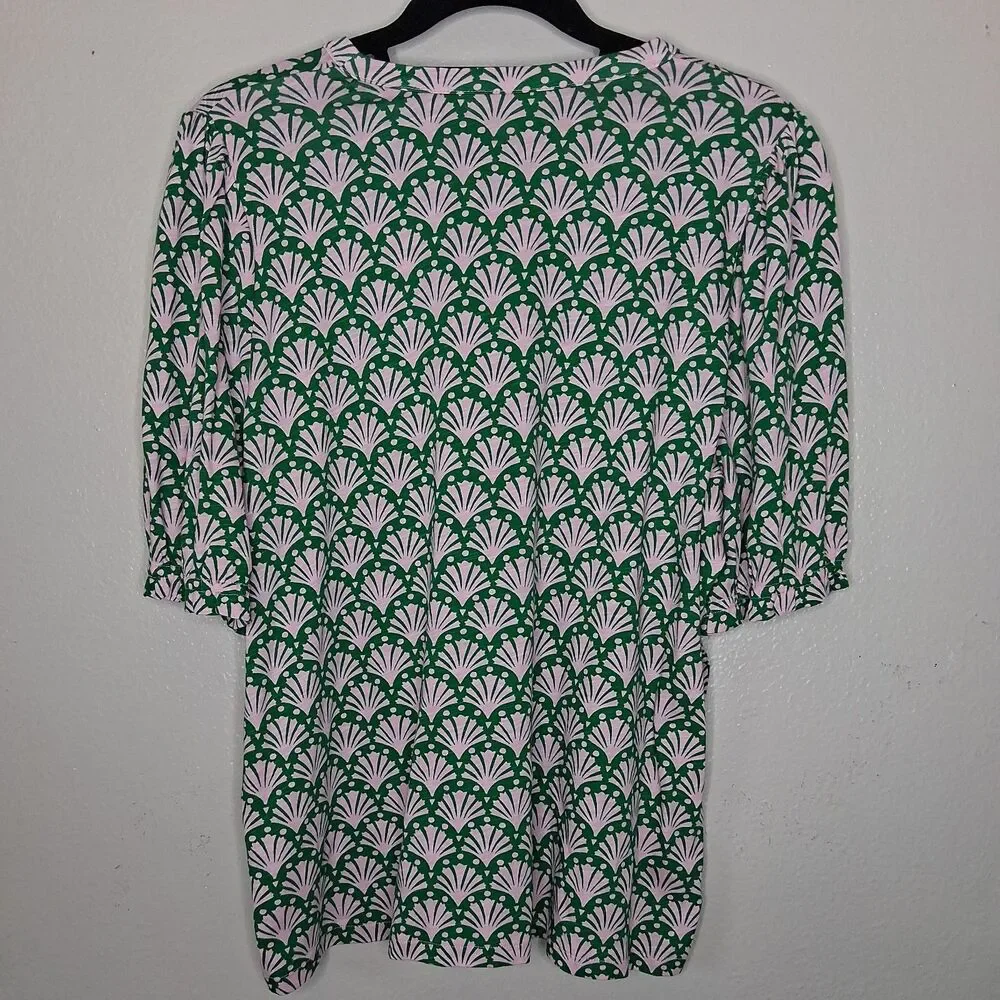 Boden Dolly Puff Sleeve Jersey Shirt Floral Fan Button-up Cotton Tencel US 14